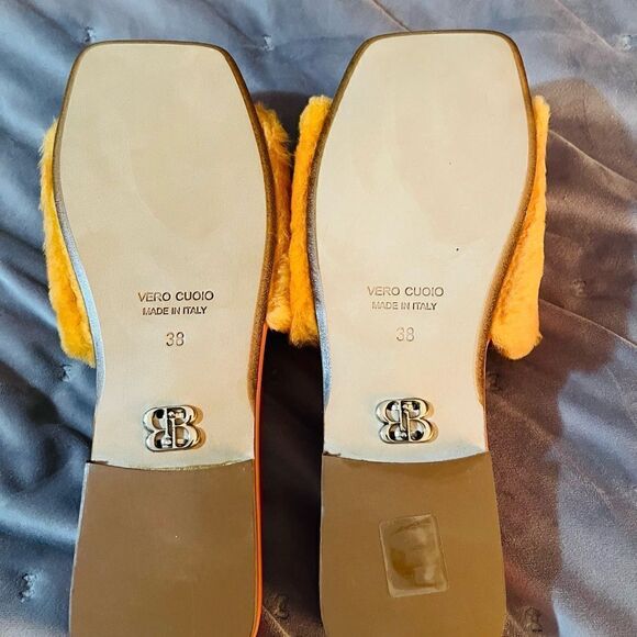 BEAUTIISOLES Faux Fur Sofie Slide Orange Shearling Leather 7.5 NIB - Picture 9 of 11